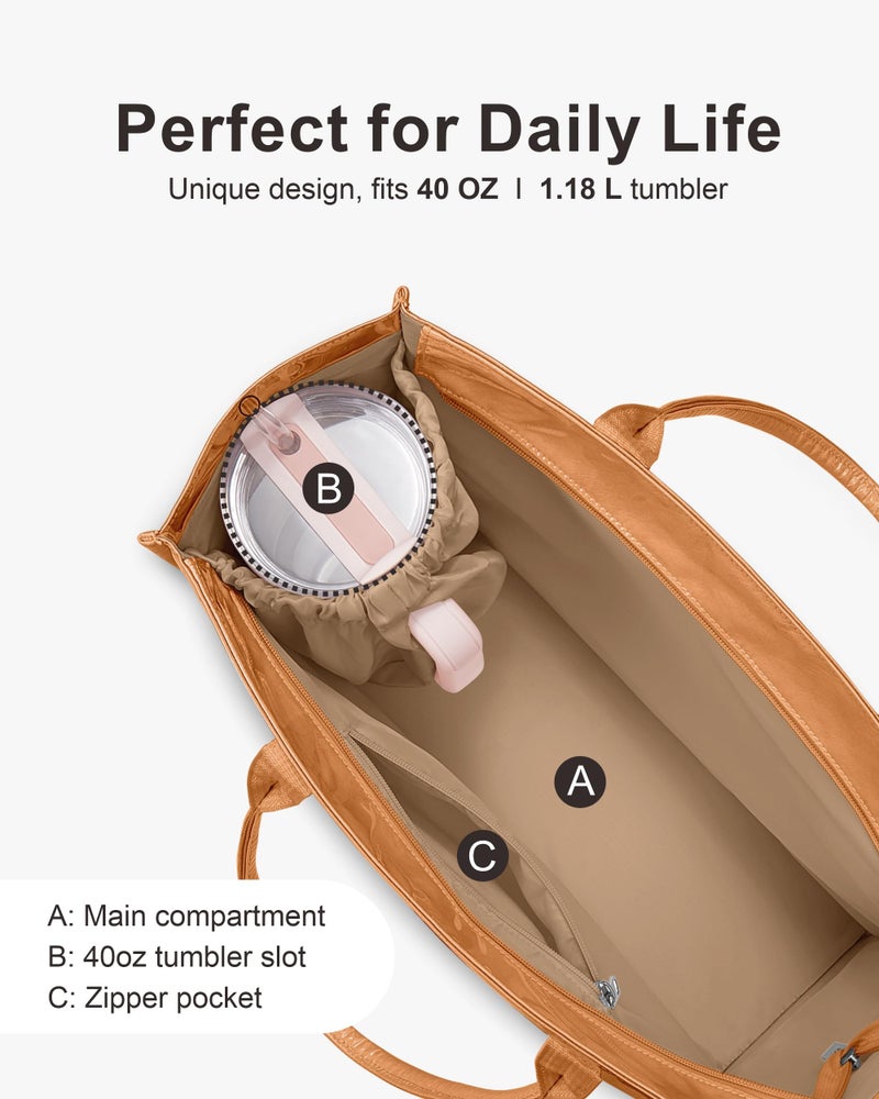 NPBAG Large PVC Tote Bag for Women, Kraft Paper Handbag Beach Tote with Letter Print, Top Handle Purse for Work Travel Shopping (Brown) - Image 5