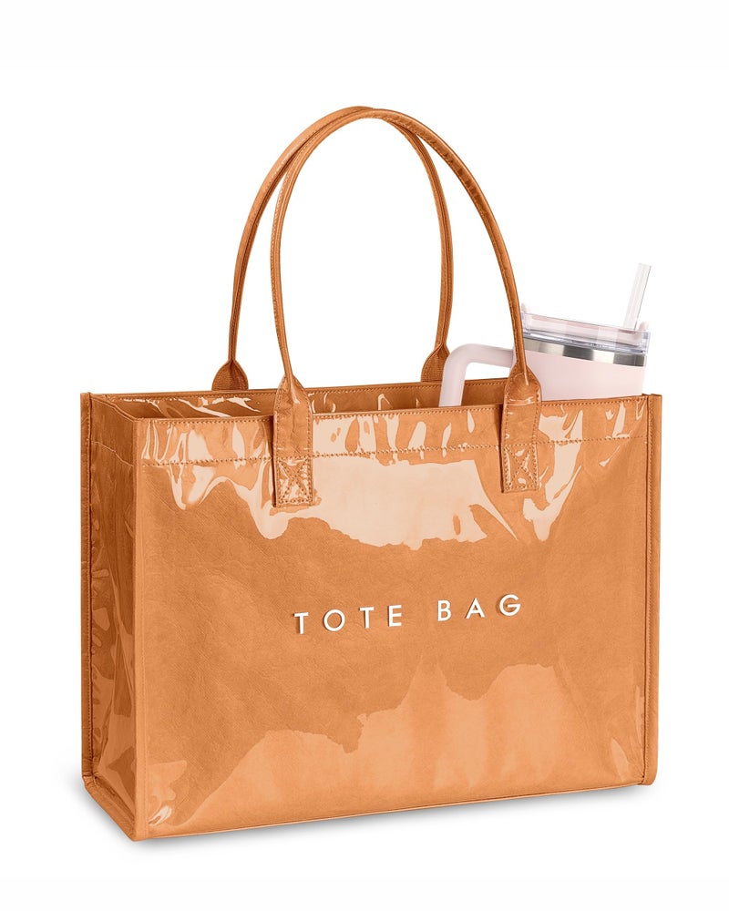 NPBAG Large PVC Tote Bag for Women, Kraft Paper Handbag Beach Tote with Letter Print, Top Handle Purse for Work Travel Shopping (Brown) - Image 1