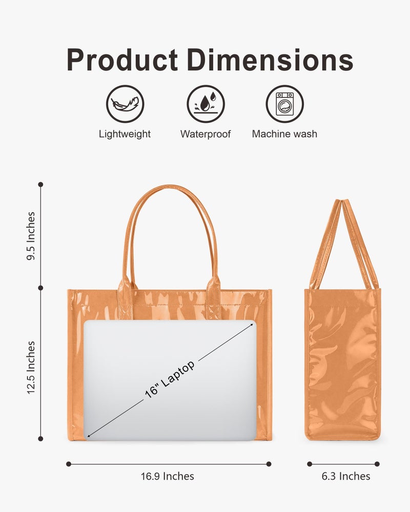 NPBAG Large PVC Tote Bag for Women, Kraft Paper Handbag Beach Tote with Letter Print, Top Handle Purse for Work Travel Shopping (Brown) - Image 4