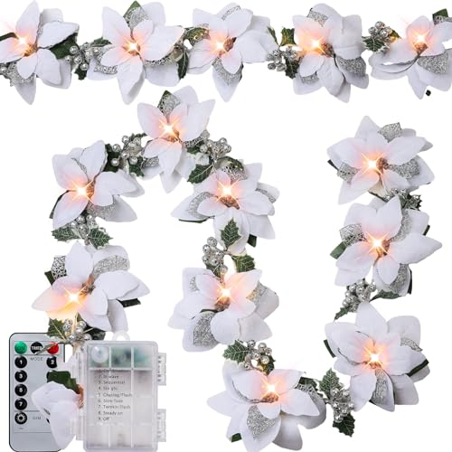 Zubebe 2 Pcs Prelit Poinsettia Christmas Garland with String Lights Glitter Holly Leaves Berries Remote Timer 8 Modes 65 ft Lighted Flower Garland Battery Operated Indoor Outdoor DecorWhite - Image 1