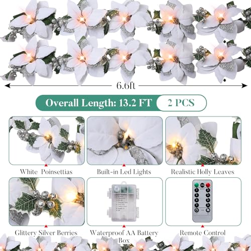 Zubebe 2 Pcs Prelit Poinsettia Christmas Garland with String Lights Glitter Holly Leaves Berries Remote Timer 8 Modes 65 ft Lighted Flower Garland Battery Operated Indoor Outdoor DecorWhite - Image 3