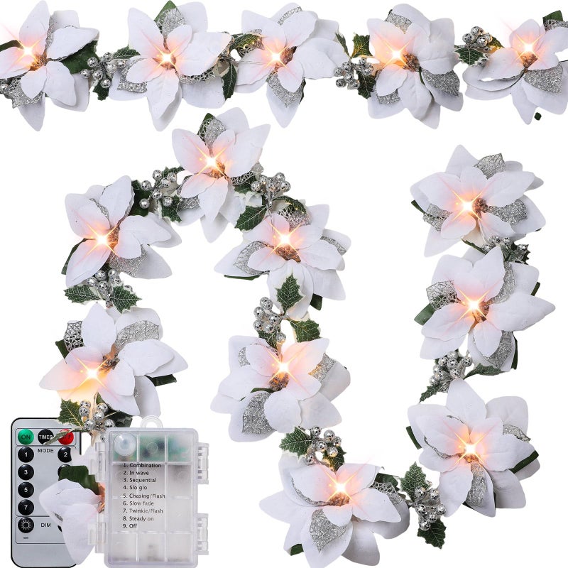 Zubebe 2 Pcs Prelit Poinsettia Christmas Garland with String Lights Glitter Holly Leaves Berries Remote Timer 8 Modes 65 ft Lighted Flower Garland Battery Operated Indoor Outdoor DecorWhite - Image 2