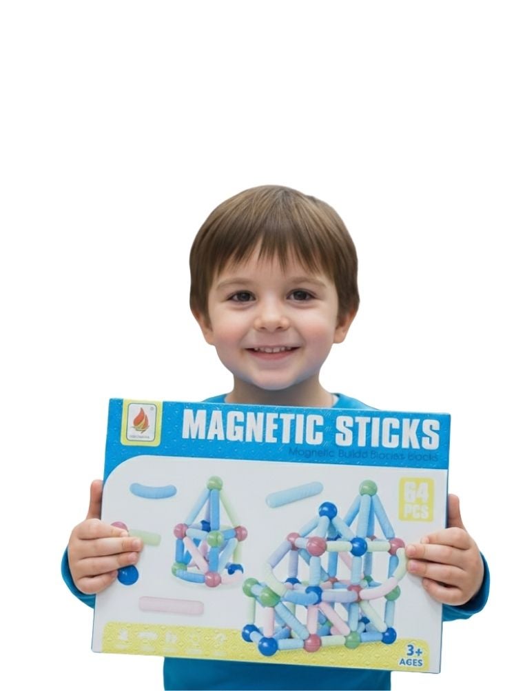 بريميم مجموعة عصي البناء المغناطيسية – أربع وستون قطعة، لعبة بناء تعليمية، مغناطيس قوي، بناء أشكال إبداعية، حواف مستديرة وآمنة للأطفال من عمر ثلاث سنوات فما فوق - Image 2