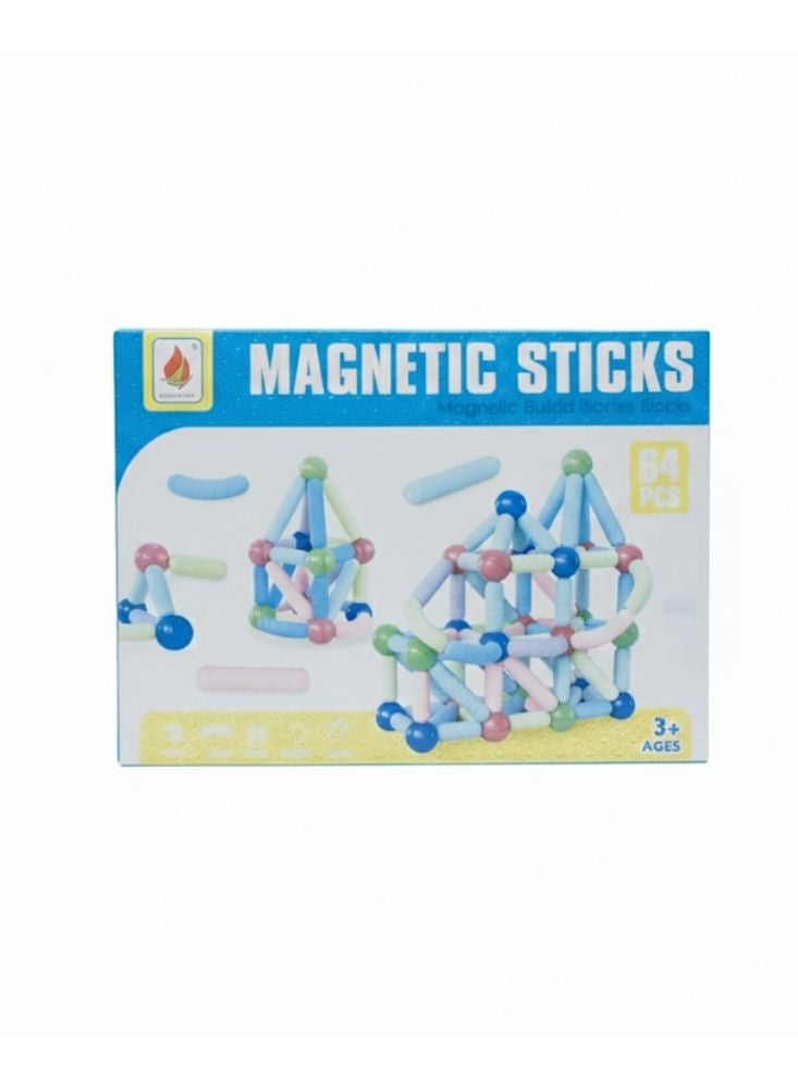 بريميم مجموعة عصي البناء المغناطيسية – أربع وستون قطعة، لعبة بناء تعليمية، مغناطيس قوي، بناء أشكال إبداعية، حواف مستديرة وآمنة للأطفال من عمر ثلاث سنوات فما فوق - Image 1