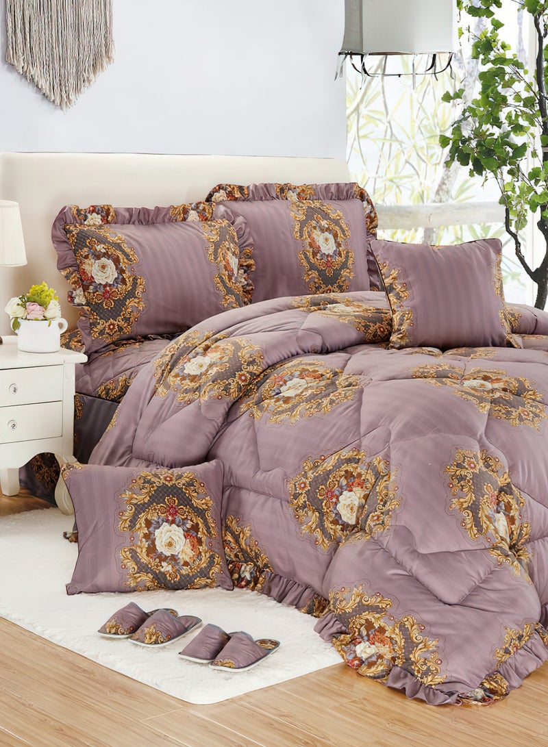 Moon Bed In A Bag Medium Filling King Size Comforter Set, 10 Pcs Floral Bedding Set Size 220 X 240 Cm with Comforter, Quilted Bed Skirt, Pillowcases, Cushion & Bedroom Slipper, Multicolor  - Image 1