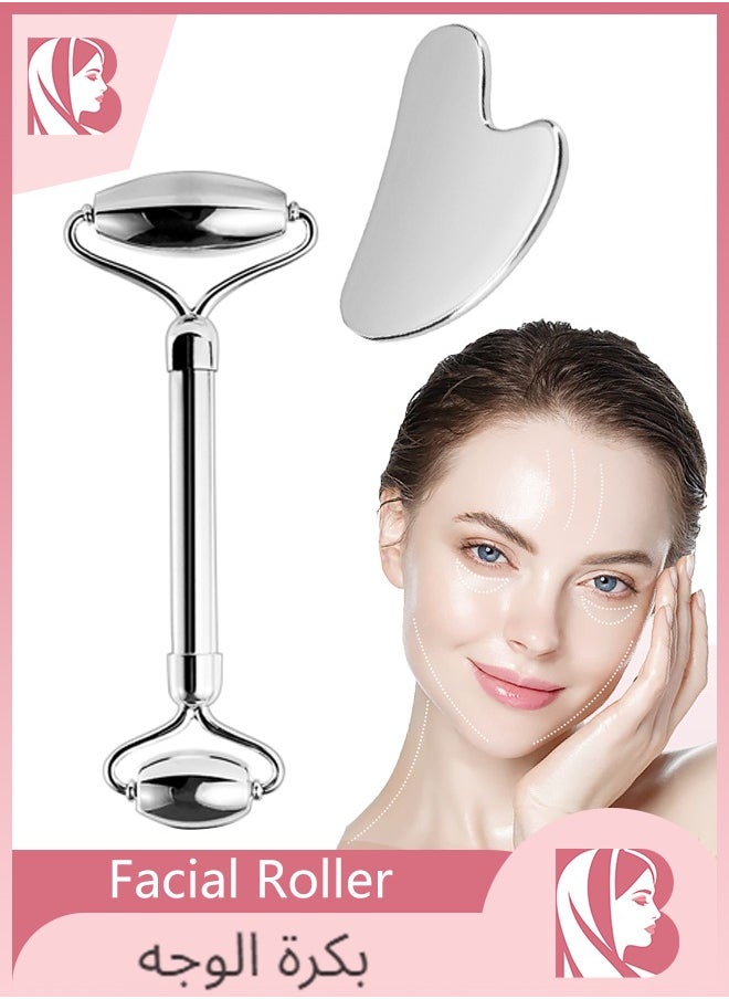 BONITO Facial Roller and Gua Sha Set, Stainless Steel Facial Beauty Roller Skin Care Tools,  Gua Sha Facial Tools for Face, Eyes, Neck, Body Muscle Relaxing and Relieve Fine Lines and Wrinkles  - Image 1