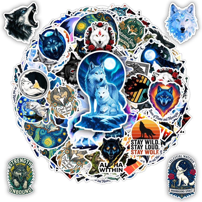 BETANAS 100 Pcs Wolf Stickers Pack Magic Animals Sticker Vinyl Cute Moon Mystic Family Wolves Car Decals Laptop Decor Water Bottles Scrapbook Hard Hat Gift for Unisex Adults Teen Men Women - Image 1