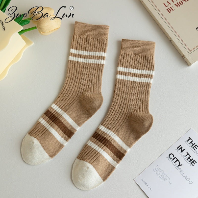 Cotton Stripe Socks Women Autumn Winter Retro Style Brown parallel bars