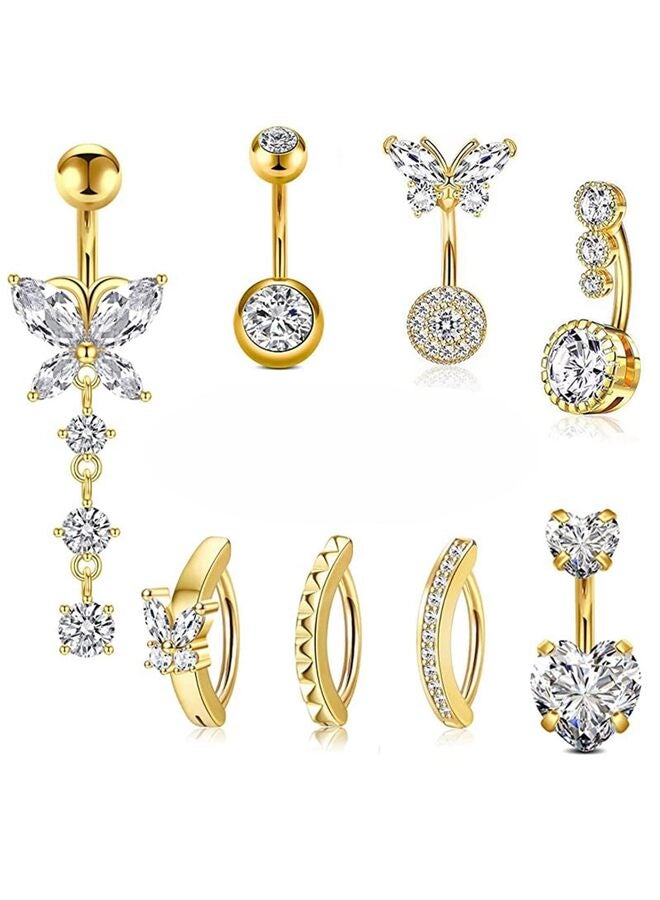 8 قطع من حلقات زر البطن المطلية بالفضة/الذهب، حلقات جراحية من الفولاذ المقاوم للصدأ، حلقات زر البطن، زر البطن، مجموعة ثقب السرة للنساء، فضي/ذهبي (اللون: ذهبي) - Image 1