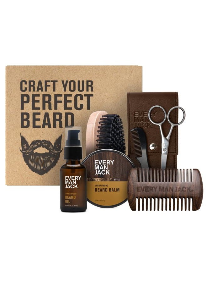 Every Man Jack Beard Grooming Kit For Men - Includes Sandalwood Oil & Balm, Brush, Wooden Dual-Sided Comb, Trimming Scissors And Mustache Comb - Image 1