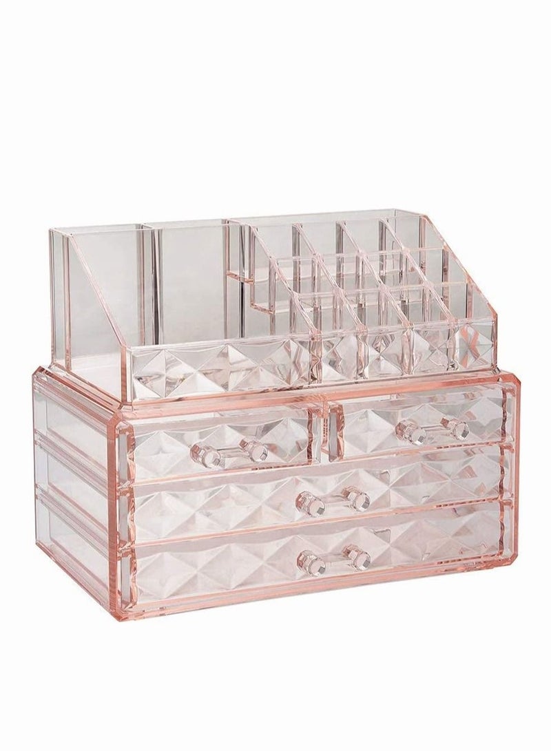 ميكسد مجوهرات ومستحضرات التجميل مربع مع فرشاة حامل - الوردي الماس نمط تخزين عرض مكعب ، بما في ذلك 4 الأدراج و 2 قطعة