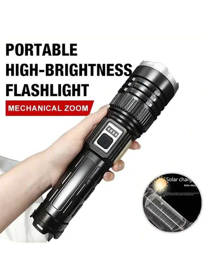 Black Solar Flashlight High Lumen USB C Quick Charge Adjustable Focus COB Lamp 12 Modes - Image 2