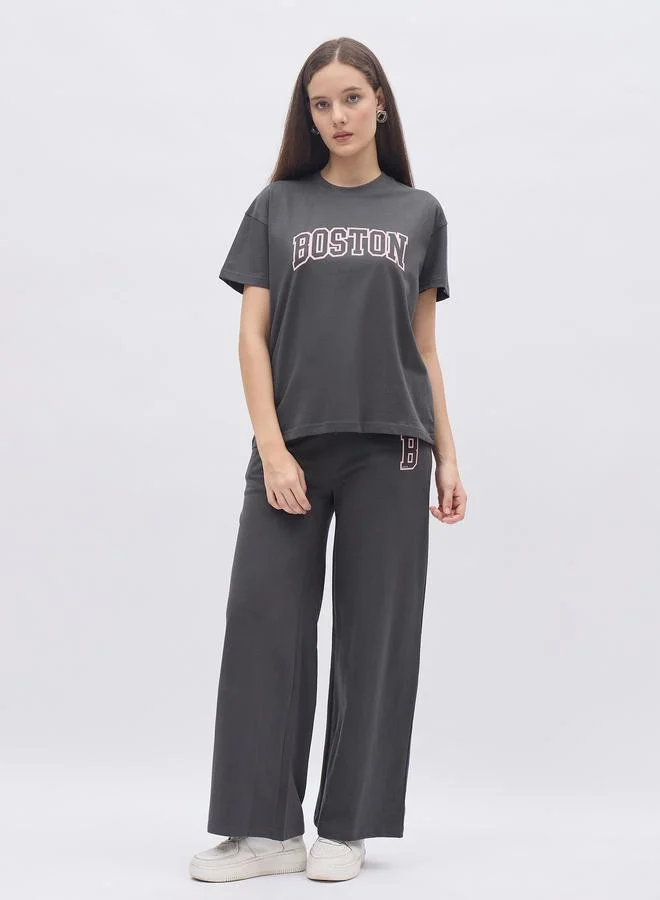 Styli Styli Charcoal Graphic Boxy T-Shirt and Wide Leg Joggers Co-Ords