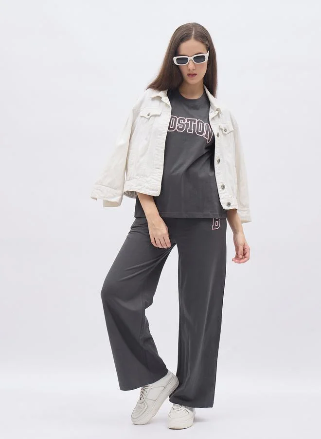 Styli Styli Charcoal Graphic Boxy T-Shirt and Wide Leg Joggers Co-Ords