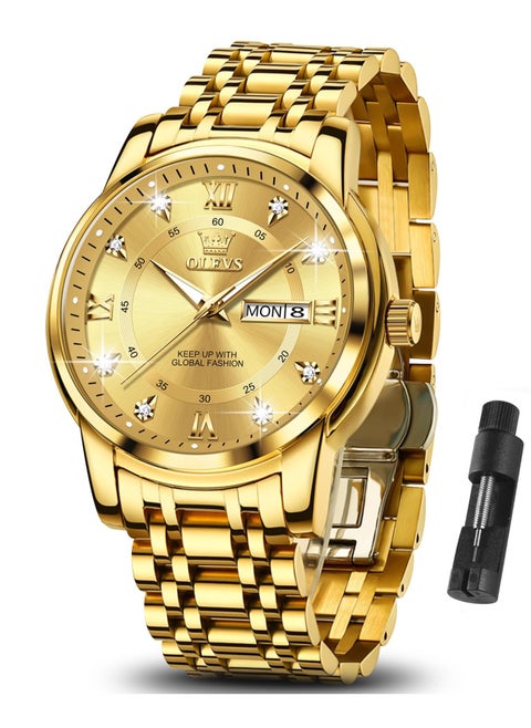 OLEVS Men's Chronograph Quartz Watches, Gold Case with Day Date, Waterproof Stainless Steel Wrist Watch, Luminous Watches for Men, Fashion, Leisure