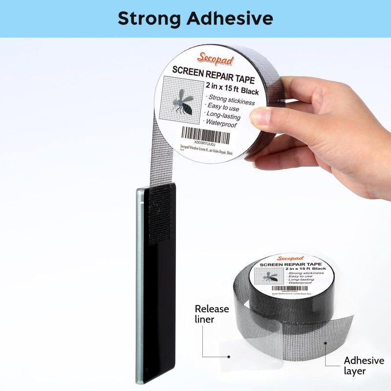 Secopad Black Window Screen Repair Tape, 2 in X 15 FT (180IN) Screen Repair Kit for Windows or Doors, Strong Adhesive Screen Patch Fiberglass Screen Tape Mesh Repair - Image 3