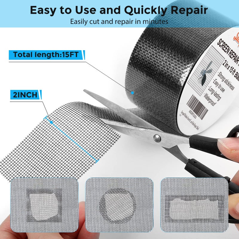 Secopad Black Window Screen Repair Tape, 2 in X 15 FT (180IN) Screen Repair Kit for Windows or Doors, Strong Adhesive Screen Patch Fiberglass Screen Tape Mesh Repair - Image 2