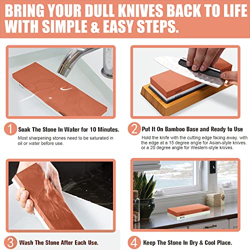 HMPLL Knife Sharpening Stone Set, Professional Whetstone 4 Side Grit 400/1000 3000/8000, Whetstone Knife Sharpener Stone Set Include Non-slip Base, Leather Strop, Flattening Stone & Angle Guide - Image 3