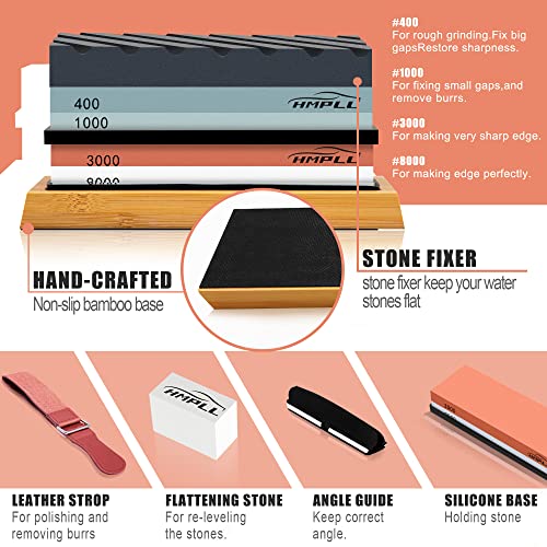 HMPLL Knife Sharpening Stone Set, Professional Whetstone 4 Side Grit 400/1000 3000/8000, Whetstone Knife Sharpener Stone Set Include Non-slip Base, Leather Strop, Flattening Stone & Angle Guide - Image 2