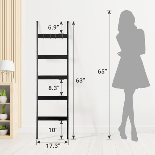 ELYKEN Blanket Ladder for Living Room, Farmhouse 5-Tier Quilt Holder with 4 Removable Hooks for Bathroom, Wood Towel Rack Display, Wall Anchor Leaning Decorative Stand for Home, Black - Image 4