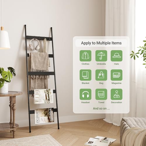 ELYKEN Blanket Ladder for Living Room, Farmhouse 5-Tier Quilt Holder with 4 Removable Hooks for Bathroom, Wood Towel Rack Display, Wall Anchor Leaning Decorative Stand for Home, Black - Image 2