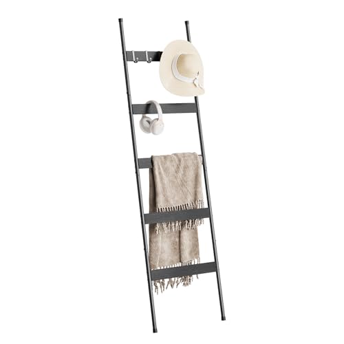 ELYKEN Blanket Ladder for Living Room, Farmhouse 5-Tier Quilt Holder with 4 Removable Hooks for Bathroom, Wood Towel Rack Display, Wall Anchor Leaning Decorative Stand for Home, Black - Image 1