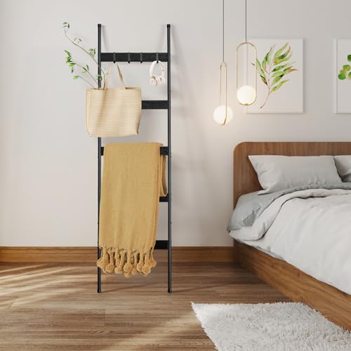 ELYKEN Blanket Ladder for Living Room, Farmhouse 5-Tier Quilt Holder with 4 Removable Hooks for Bathroom, Wood Towel Rack Display, Wall Anchor Leaning Decorative Stand for Home, Black - Image 3