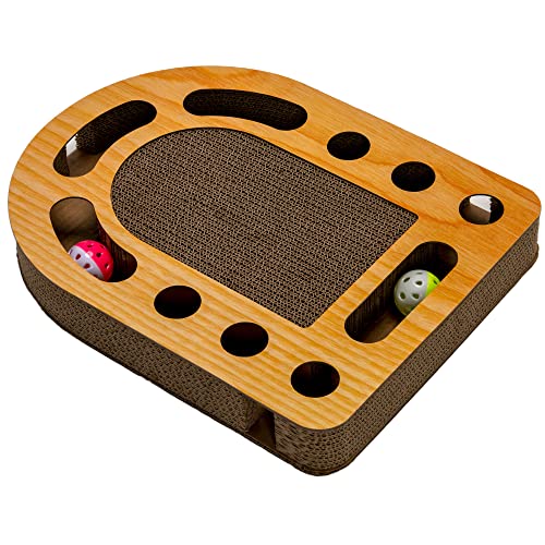Furhaven Scratching Pad Ball Track Cat Toy w Catnip for Indoor Cats Archway Busy Box Scratcher Tan One Size - Image 1