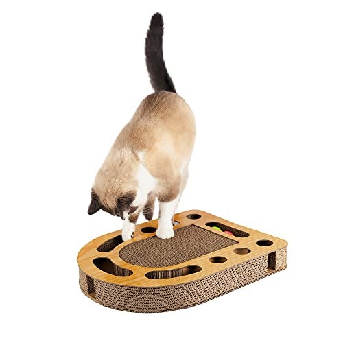 Furhaven Scratching Pad Ball Track Cat Toy w Catnip for Indoor Cats Archway Busy Box Scratcher Tan One Size - Image 3
