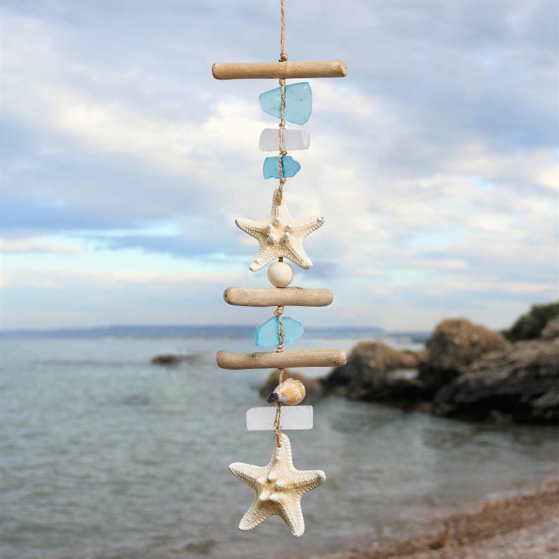 JQAQJU Sea Glass Wooden Nautical Wall Decor, Coastal Starfish Bathroom Decor Sea Shells, Driftwood Beach Room Decor for Home Indoor Outdoor, Coastal Wall Art for Living Room, Bedroom and Dining Room - Image 4