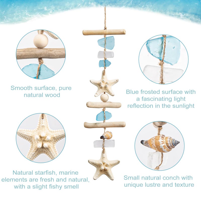 JQAQJU Sea Glass Wooden Nautical Wall Decor, Coastal Starfish Bathroom Decor Sea Shells, Driftwood Beach Room Decor for Home Indoor Outdoor, Coastal Wall Art for Living Room, Bedroom and Dining Room - Image 2