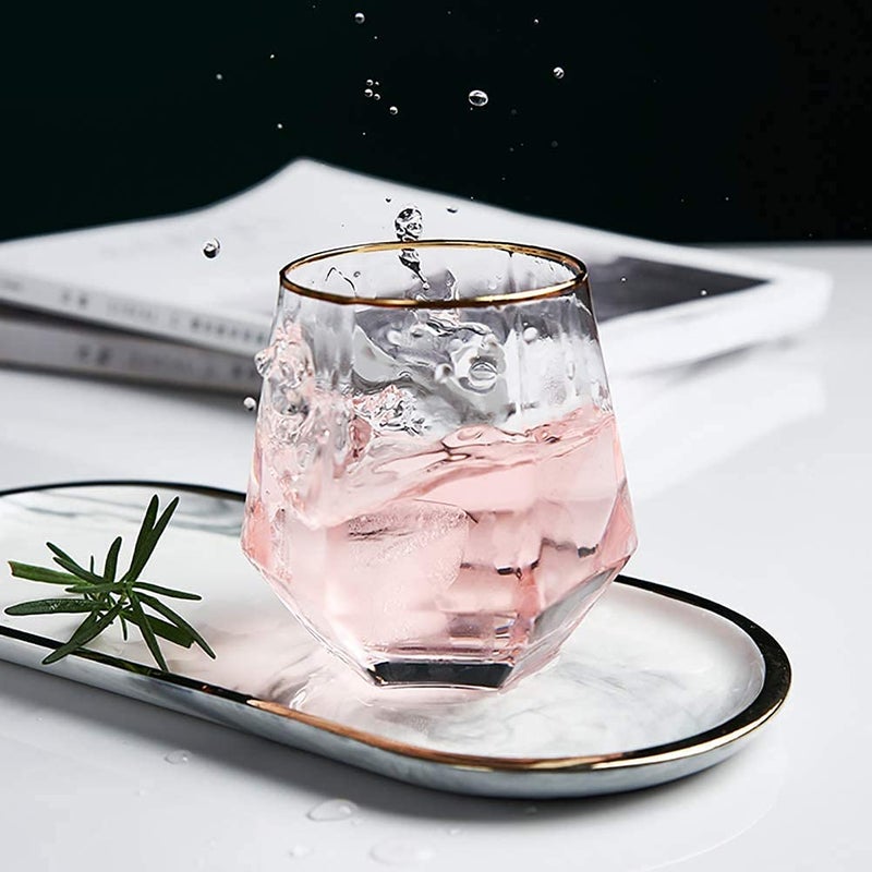 TIENER Diamond Whiskey Glasses Rocks Glasses Gold Banded Cocktail Drink for Rum Scotch or Wine Glasses Tumblers Old Fashion Elegant Glass 300 ml Pack of 6 - Image 1