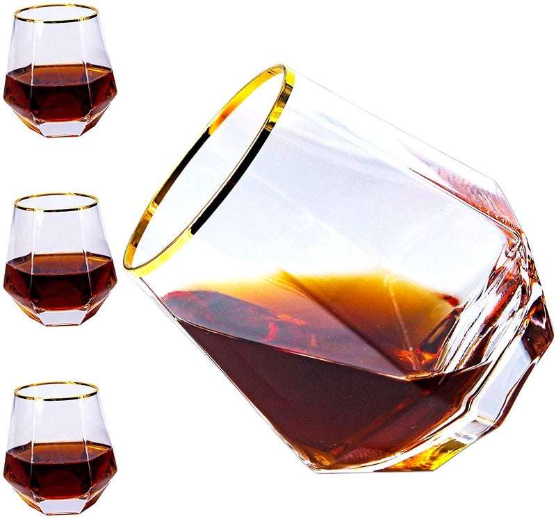 TIENER Diamond Whiskey Glasses Rocks Glasses Gold Banded Cocktail Drink for Rum Scotch or Wine Glasses Tumblers Old Fashion Elegant Glass 300 ml Pack of 6 - Image 4