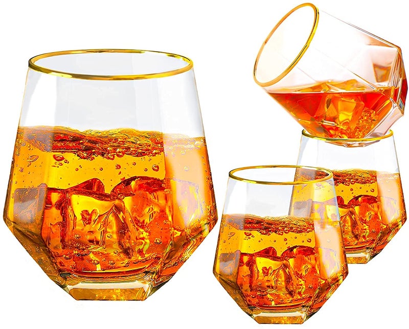TIENER Diamond Whiskey Glasses Rocks Glasses Gold Banded Cocktail Drink for Rum Scotch or Wine Glasses Tumblers Old Fashion Elegant Glass 300 ml Pack of 6 - Image 2