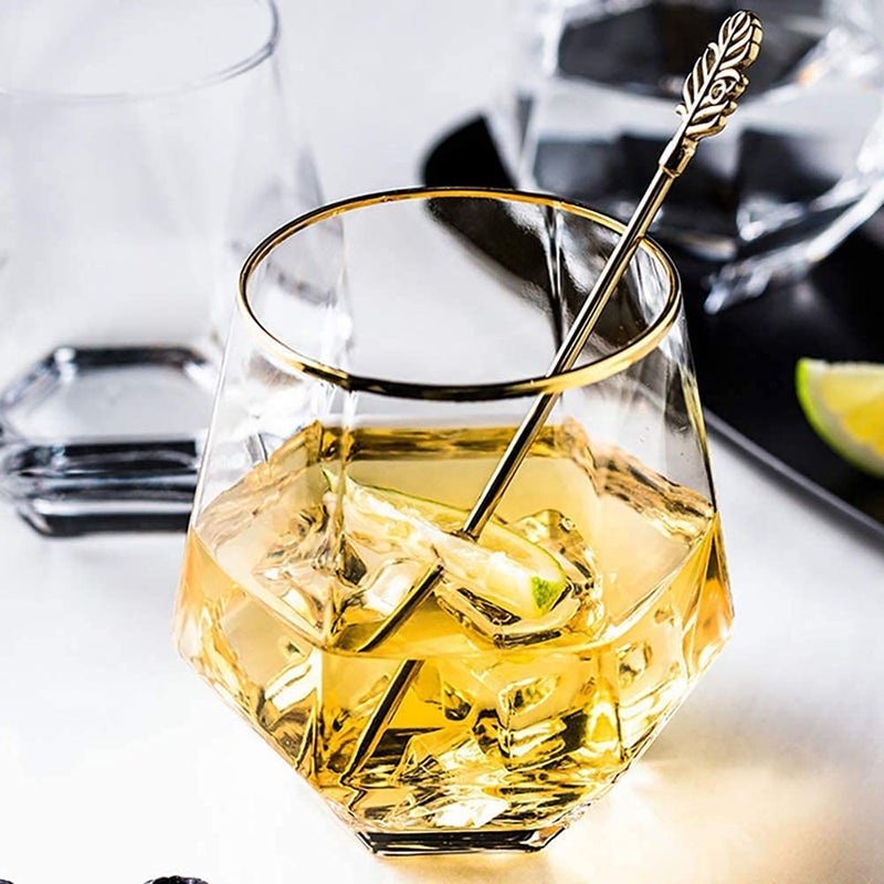 TIENER Diamond Whiskey Glasses Rocks Glasses Gold Banded Cocktail Drink for Rum Scotch or Wine Glasses Tumblers Old Fashion Elegant Glass 300 ml Pack of 6 - Image 5