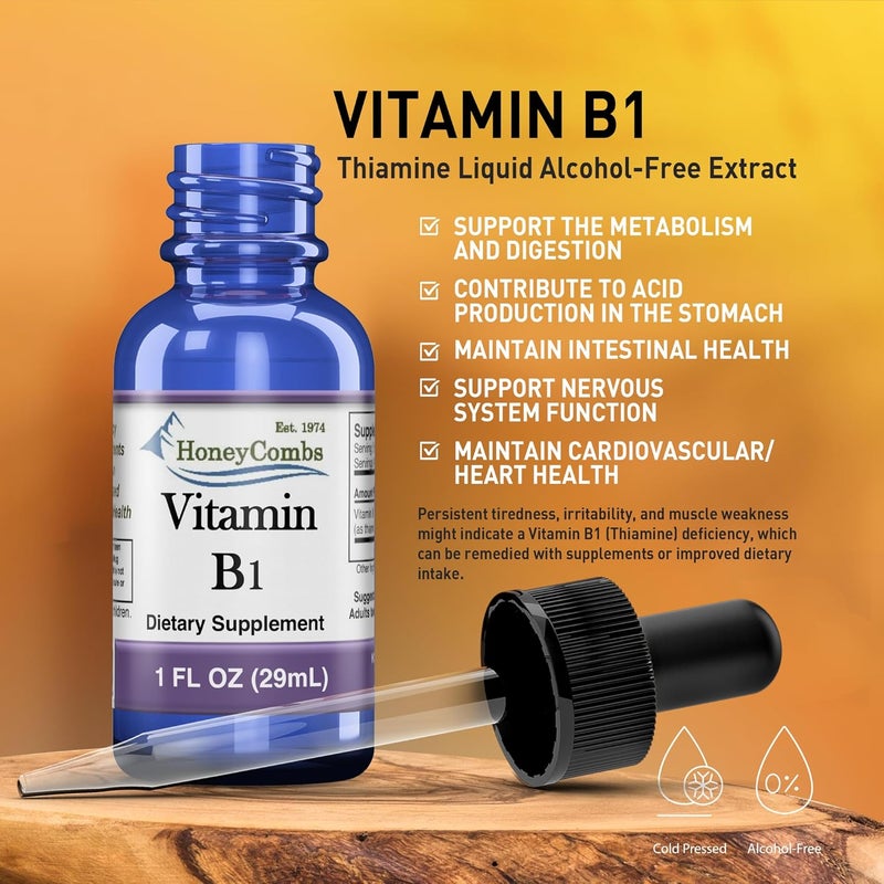 HoneyCombs Vitamin B1 Supplement Thiamine Liquid Drops  High Potency Thiamine B1 Supplement for Men  Women  Maintain Nervous System Energy  Overall Health  Vegan Liquid B Vitamins 1 Fl oz - Image 4