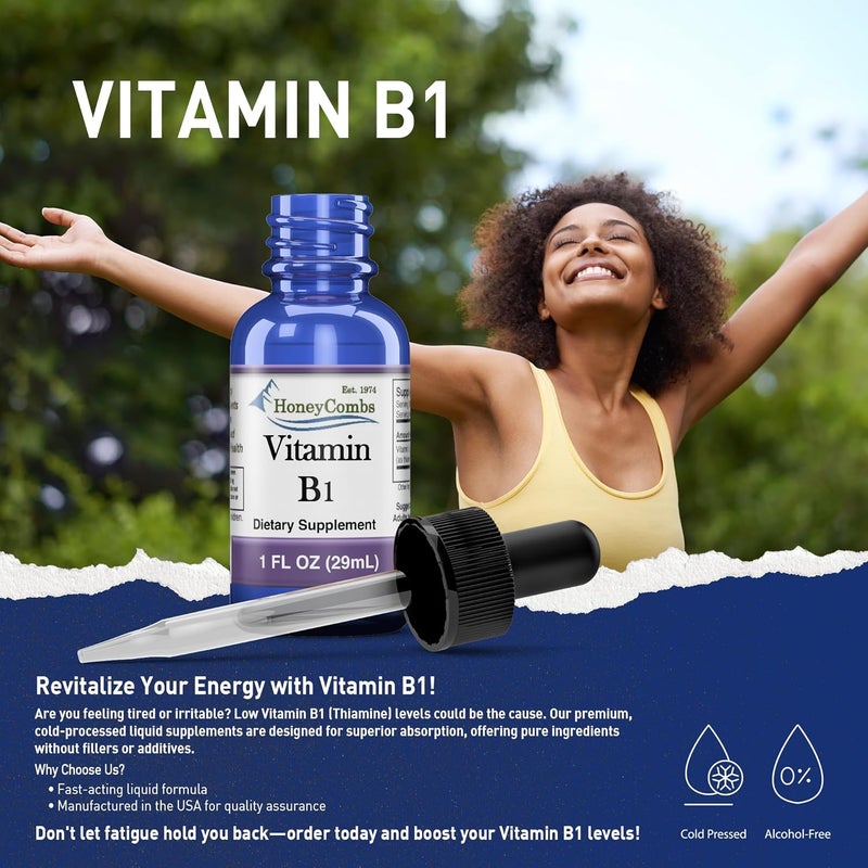 HoneyCombs Vitamin B1 Supplement Thiamine Liquid Drops  High Potency Thiamine B1 Supplement for Men  Women  Maintain Nervous System Energy  Overall Health  Vegan Liquid B Vitamins 1 Fl oz - Image 5
