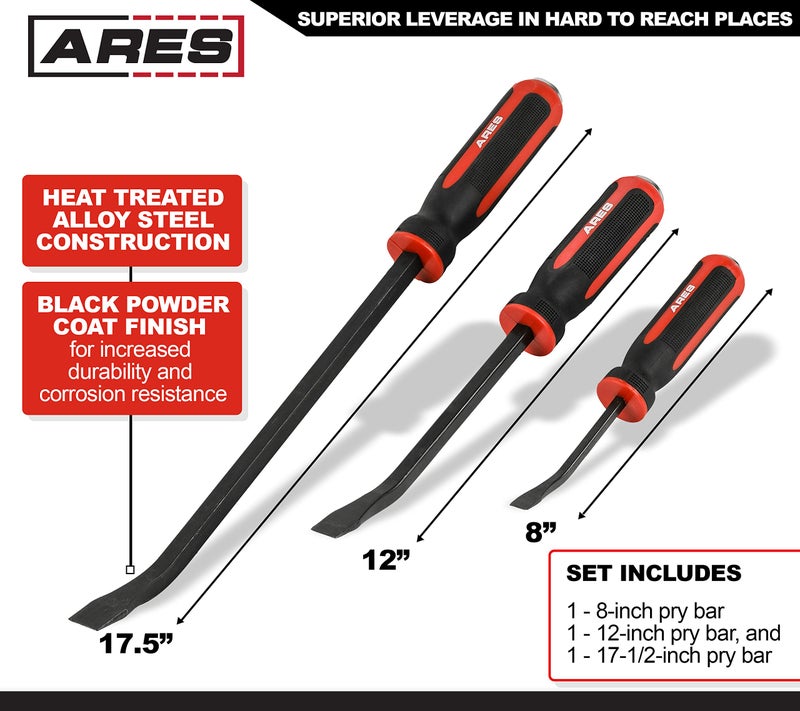 ARES 46008-3-Piece Pry Bar Set - 8-Inch, 12-Inch, and 17.5-Inch Pry Bars - Angled Tip for Lifting and Prying - Comfortable Non-Slip Double Injection Handle - Heavy Duty Striking End Cap - Image 2