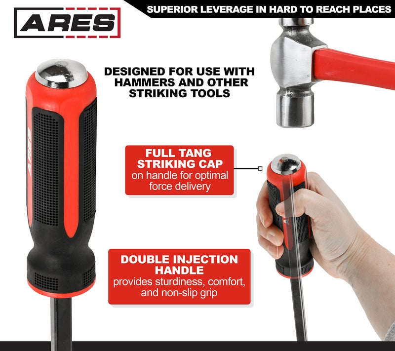 ARES 46008-3-Piece Pry Bar Set - 8-Inch, 12-Inch, and 17.5-Inch Pry Bars - Angled Tip for Lifting and Prying - Comfortable Non-Slip Double Injection Handle - Heavy Duty Striking End Cap - Image 3