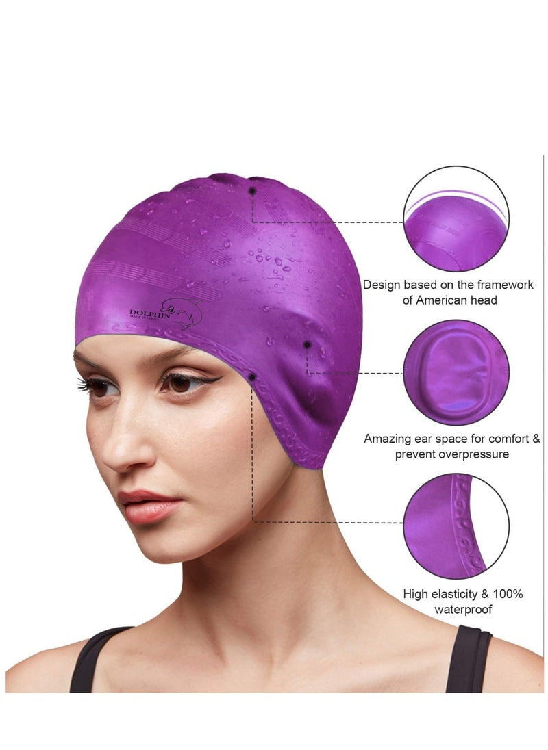 Dolphin Silicone Swim Cap With Ear Protection 3D Waterproof For Adult, Purple  - Image 4