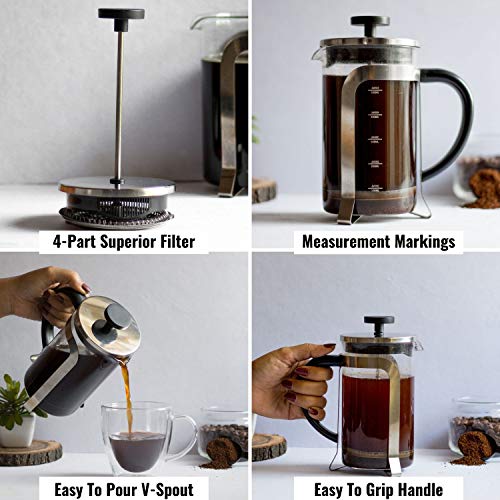 InstaCuppa French Press Coffee Maker 600 ML, 4 Part Superior Filtration System, Heat Resistant Borosilicate Carafe with Measurement Markings - Image 4