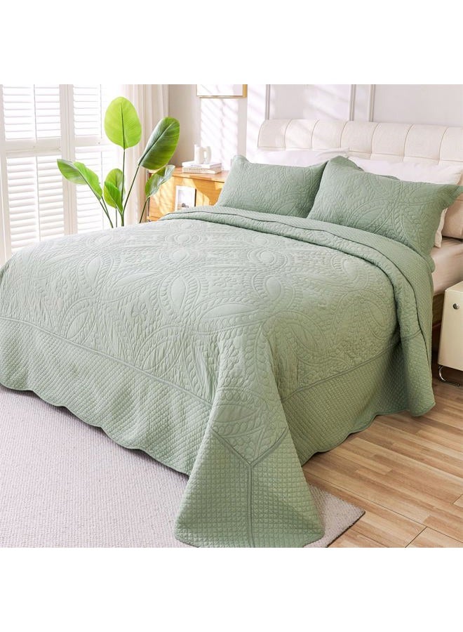Cmfshape 100% Cotton Quilt Oversized King Size-Sage Green Bedspread 128"x120"-Coin Pattern Bedding Set 3 Pieces-Pre-Washed Lightweight Microfiber Coverlet-Suitable for Bed,Couch,Quilt Blanket All Seasons - Image 1