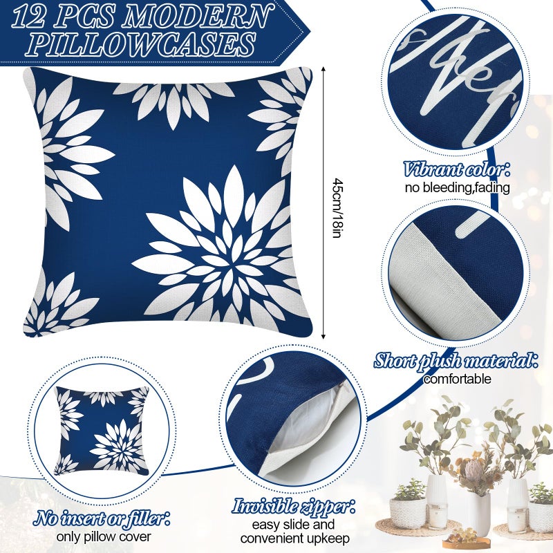 Flutesan 12 Pcs Decorative Throw Pillow Cover 18 x 18 Inch Modern Sofa Pillow case Geometric Floral Linen Square Cushion Covers for Home Living Room Bedroom Couch Chair(Blue) - Image 2