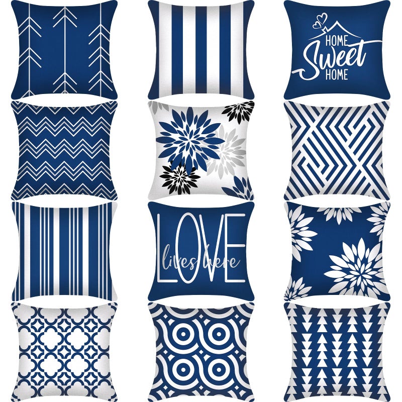 Flutesan 12 Pcs Decorative Throw Pillow Cover 18 x 18 Inch Modern Sofa Pillow case Geometric Floral Linen Square Cushion Covers for Home Living Room Bedroom Couch Chair(Blue) - Image 1