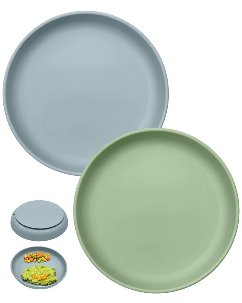Qyeejong Classic Toddler Plates with Suction 2 Pcs, BPA Free Silicone Baby Suction Plates, Stick Dinner Dishes for Baby Toddler Kids, Dishwasher Safe, Stackable - Image 1