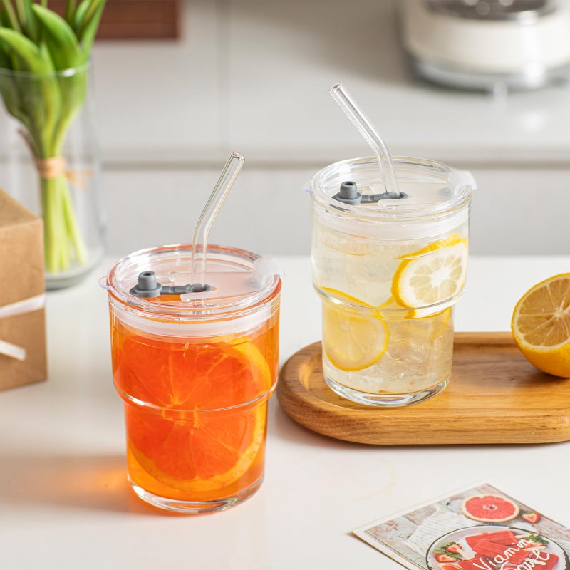 INSETLAN 13oz Portable Glass Tumblers Set of 2, Thick Wall Glass Cups with Lid and Glass Straw, On-the-Go Coffee Cups for Iced Coffee, Tea, Milk, Hot & Cold Drinks, Travel & Daily Use - Image 3