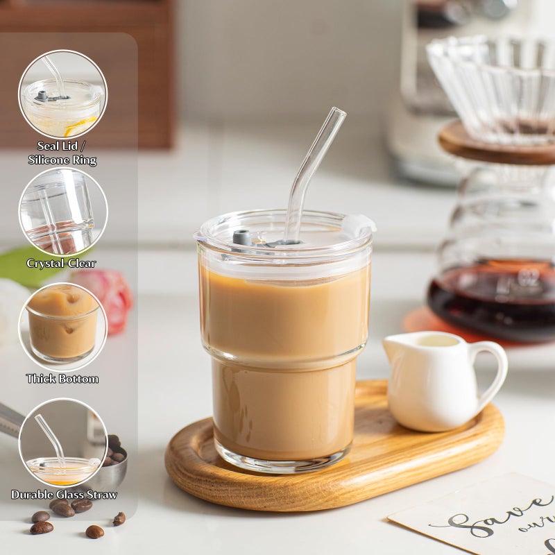INSETLAN 13oz Portable Glass Tumblers Set of 2, Thick Wall Glass Cups with Lid and Glass Straw, On-the-Go Coffee Cups for Iced Coffee, Tea, Milk, Hot & Cold Drinks, Travel & Daily Use - Image 4