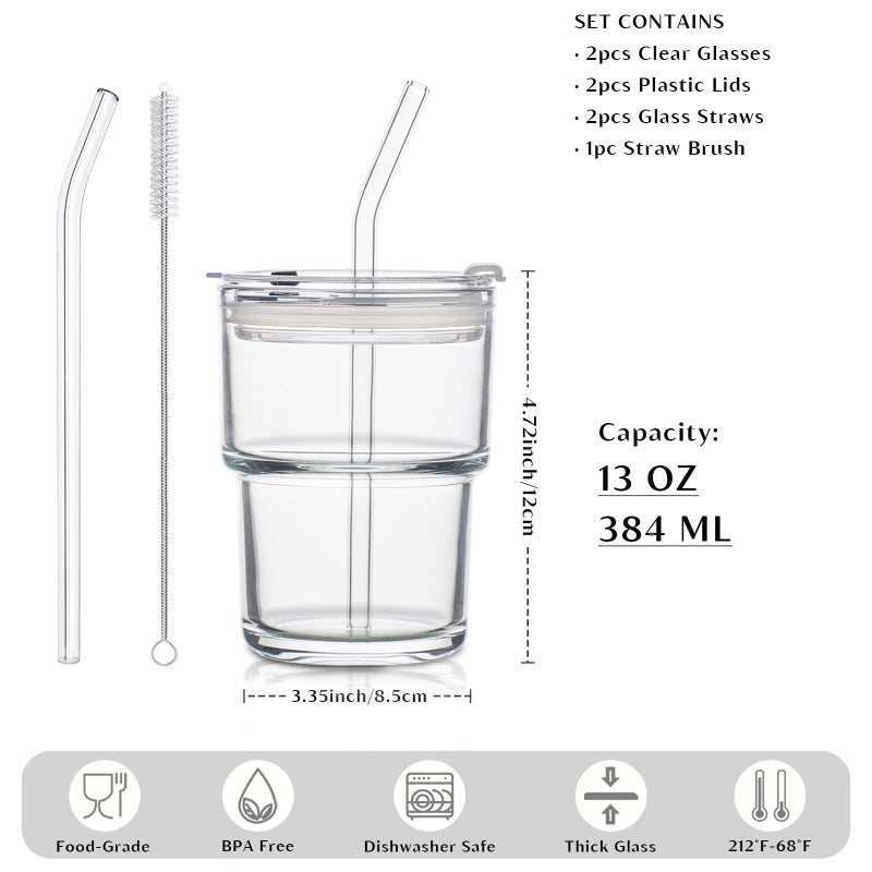 INSETLAN 13oz Portable Glass Tumblers Set of 2, Thick Wall Glass Cups with Lid and Glass Straw, On-the-Go Coffee Cups for Iced Coffee, Tea, Milk, Hot & Cold Drinks, Travel & Daily Use - Image 2
