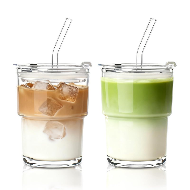 INSETLAN 13oz Portable Glass Tumblers Set of 2, Thick Wall Glass Cups with Lid and Glass Straw, On-the-Go Coffee Cups for Iced Coffee, Tea, Milk, Hot & Cold Drinks, Travel & Daily Use - Image 1