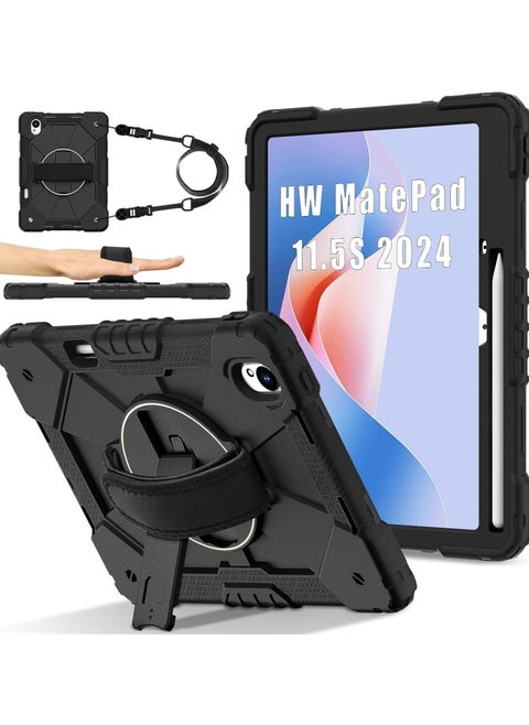 حافظة مقاومة للصدمات متوافقة مع Huawei MatePad 11.5 S (2024)، تتميز بتغطية عسكرية مضادة للخدوش، مزودة بقاعدة للكعك وحزام للكتف/اليد، توفر حماية قوية ضد الصدمات.